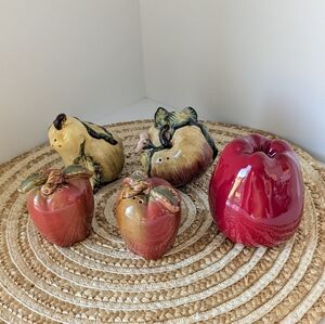 4 Apple & Pear Salt & Pepper Shakers & 1 Ceramic Red Apple Super Cute